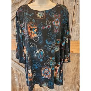 Investments oriental career casual 3/4 sleeve popover top 2X EUC ^